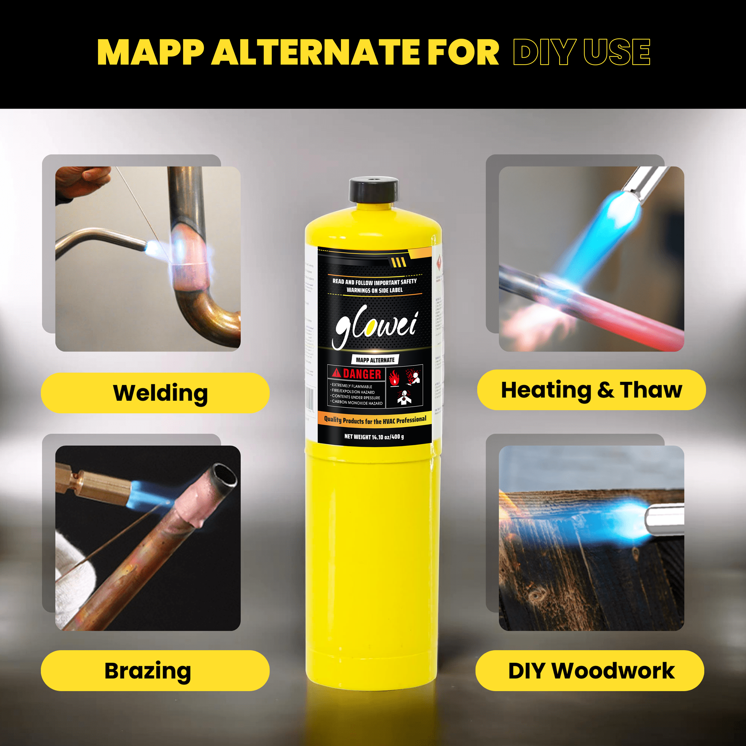 GLOWEI MAPP ALTERNATE Gas Cylinder Pack of 12, 99.9% High-Purity Propylene Equal To MAP-PRO, Hotter than Propane, Ideal for Welding Brazing Soldering HVAC Plumbing and Culinary Use 14.1 oz