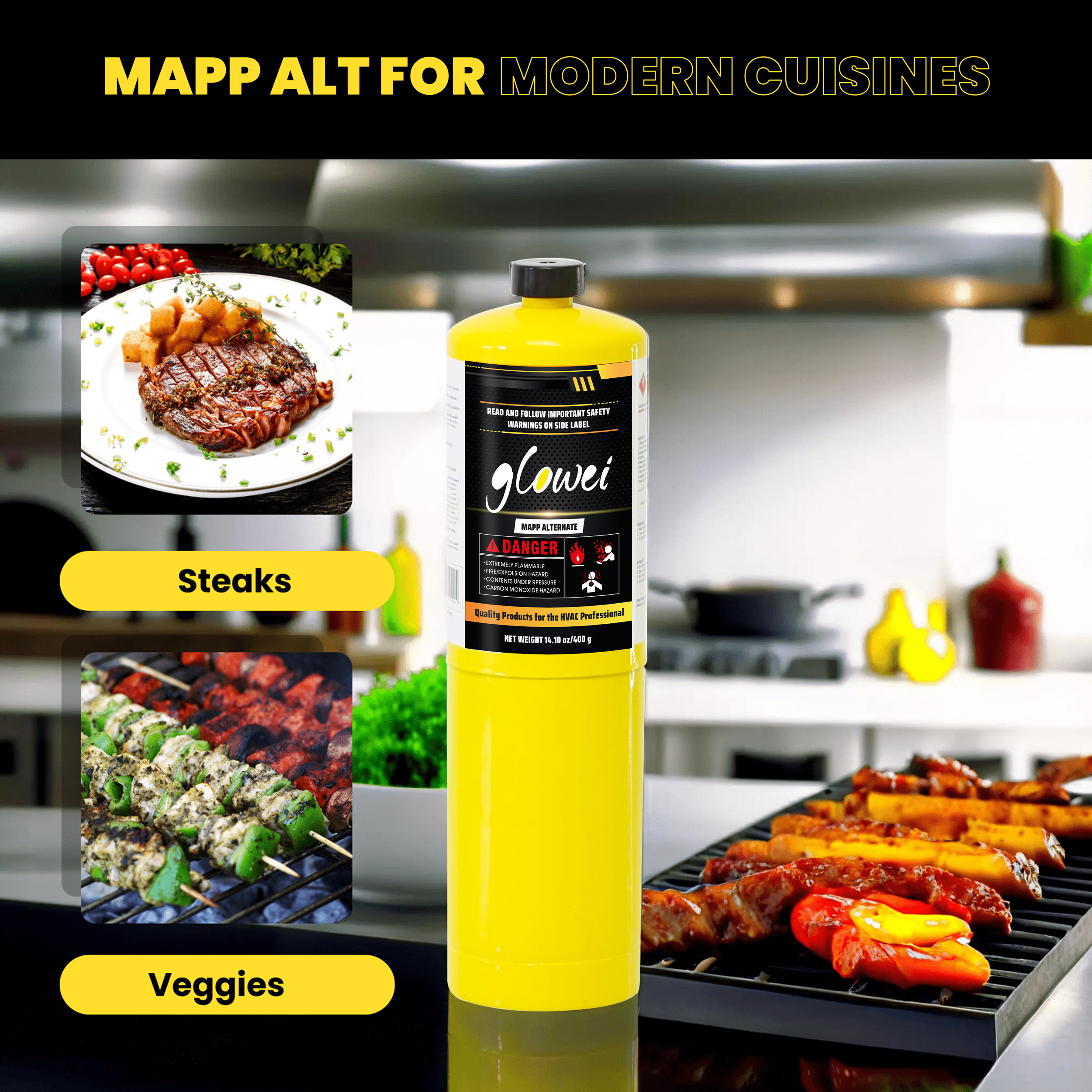 GLOWEI MAPP ALTERNATE Gas Cylinder Pack of 2, 99.9% High-Purity Propylene Equal To MAP-PRO, Hotter than Propane, Ideal for Welding Brazing Soldering HVAC Plumbing and Culinary Use 14.1 oz