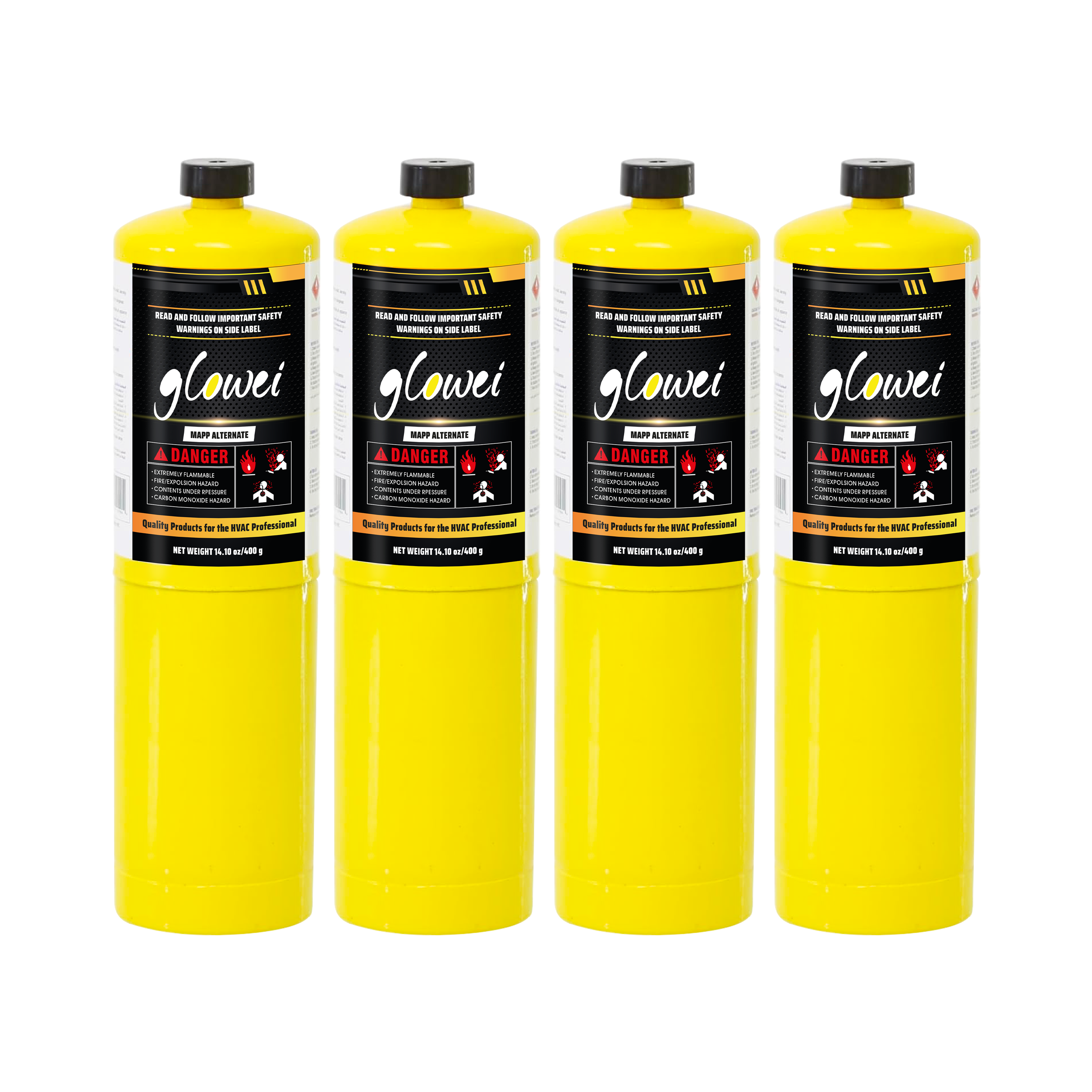 GLOWEI MAPP ALTERNATE Gas Cylinder Pack of 4, 99.9% High-Purity Propylene Equal To MAP-PRO, Hotter than Propane, Ideal for Welding Brazing Soldering HVAC Plumbing and Culinary Use 14.1 oz