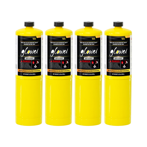 GLOWEI MAPP ALTERNATE Gas Cylinder Pack of 4, 99.9% High-Purity Propylene Equal To MAP-PRO, Hotter than Propane, Ideal for Welding Brazing Soldering HVAC Plumbing and Culinary Use 14.1 oz
