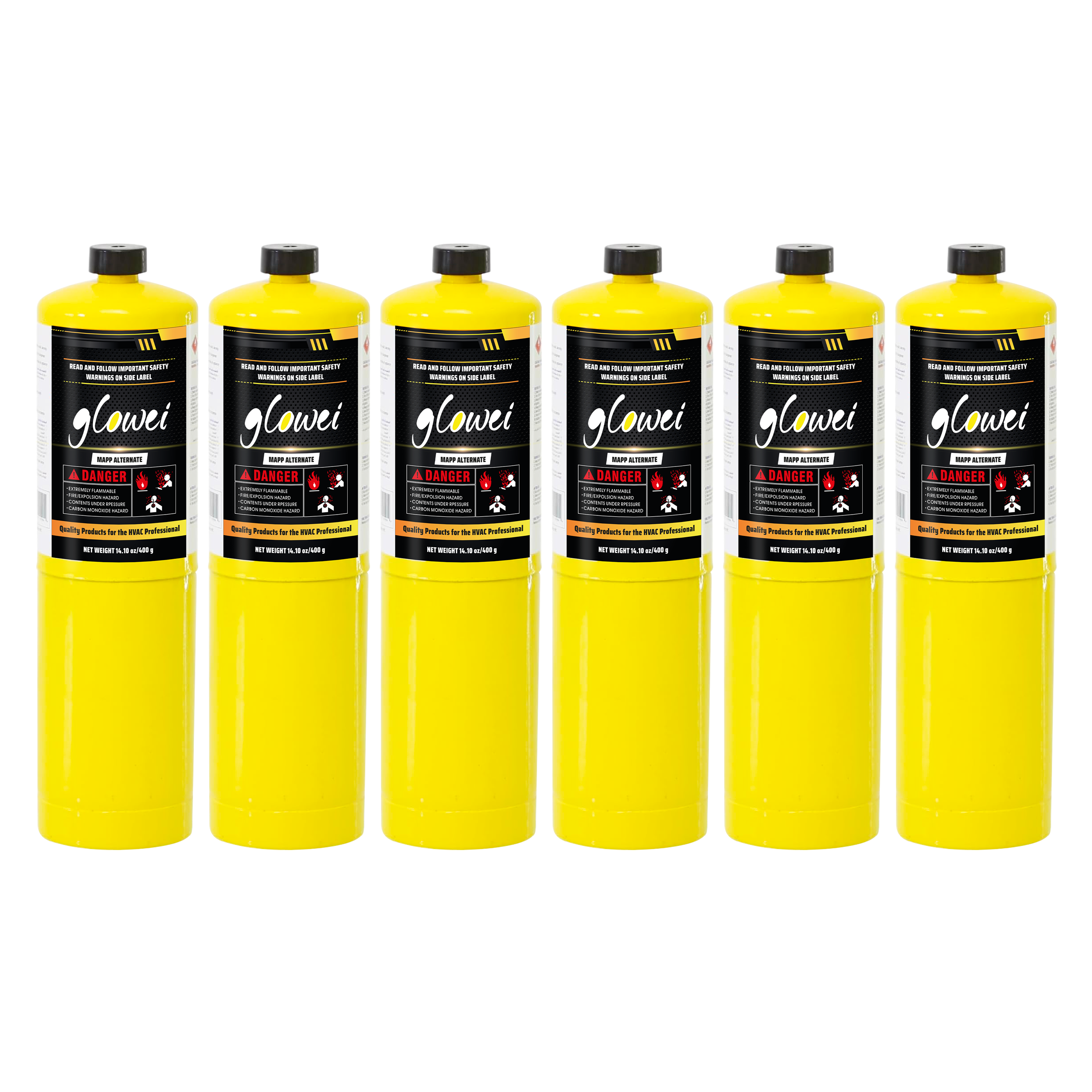GLOWEI MAPP ALTERNATE Gas Cylinder Pack of 6, 99.9% High-Purity Propylene Equal To MAP-PRO, Hotter than Propane, Ideal for Welding Brazing Soldering HVAC Plumbing and Culinary Use 14.1 oz