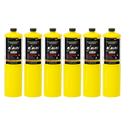 GLOWEI MAPP ALTERNATE Gas Cylinder Pack of 6, 99.9% High-Purity Propylene Equal To MAP-PRO, Hotter than Propane, Ideal for Welding Brazing Soldering HVAC Plumbing and Culinary Use 14.1 oz