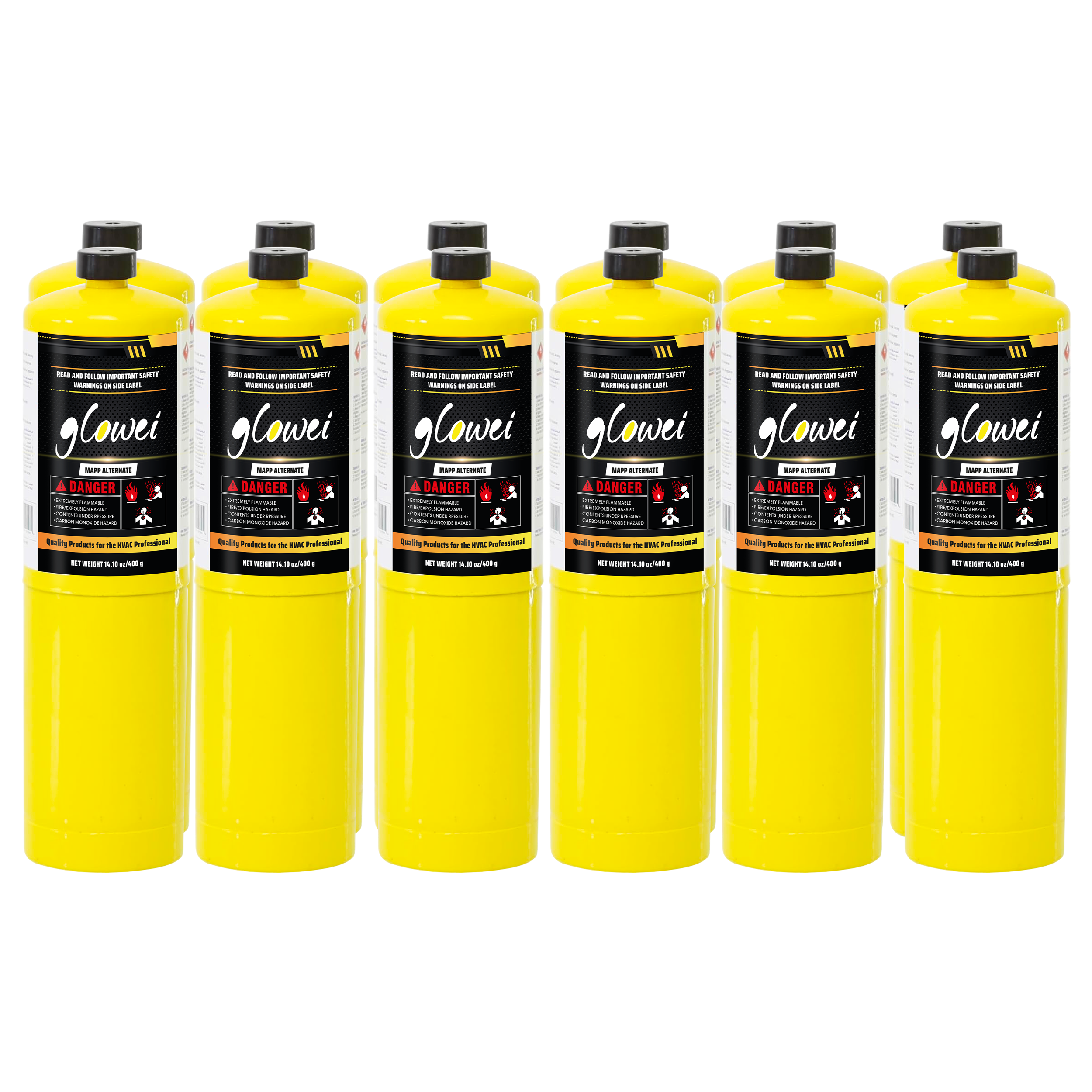 GLOWEI MAPP ALTERNATE Gas Cylinder Pack of 12, 99.9% High-Purity Propylene Equal To MAP-PRO, Hotter than Propane, Ideal for Welding Brazing Soldering HVAC Plumbing and Culinary Use 14.1 oz