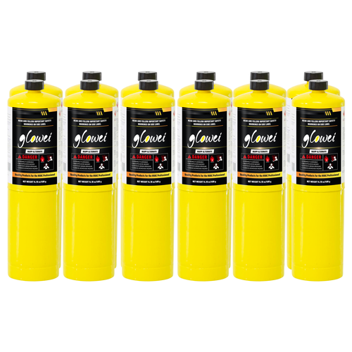 GLOWEI MAPP ALTERNATE Gas Cylinder Pack of 12, 99.9% High-Purity Propylene Equal To MAP-PRO, Hotter than Propane, Ideal for Welding Brazing Soldering HVAC Plumbing and Culinary Use 14.1 oz